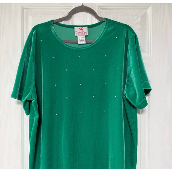 Quaker Factory Women's Green Velvet Embellished Top Size XL - Picture 2 of 10